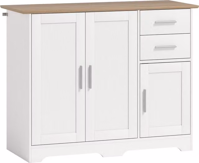 Credenza moderna HOMCOM in legno con 2 cassetti e 2 armadietti, Bianco e color Legno, L 100 cm x P 40 cm x H 78 cm