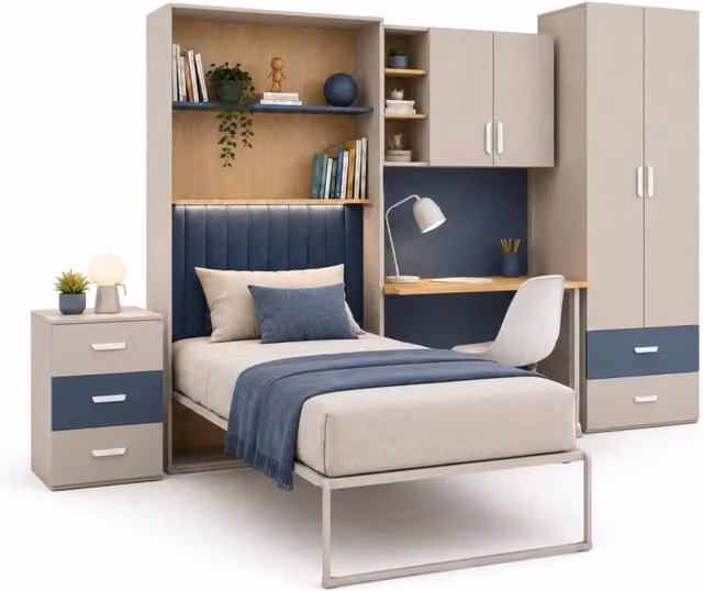 Cameretta Completa Arreditaly con Letto a Scomparsa, Scrivania, Armadio e Cassettiera in Melaminico, Colore Cashmere e Blu, L: 133 cm, P: 208.5 cm, H: 45-216 cm