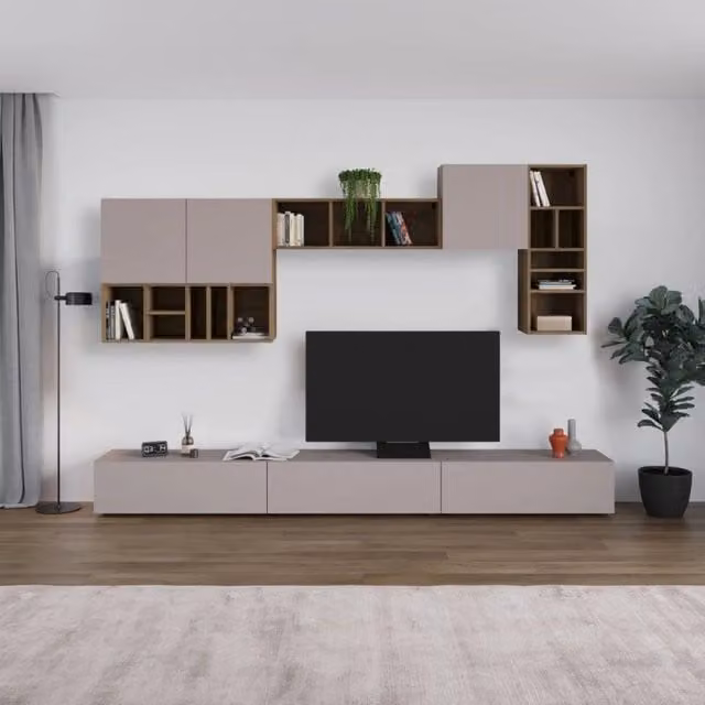 Parete attrezzata Big Effezeta Italia in colore light mocha e noce, design moderno per soggiorno, H 192 cm x L 300 cm x P 32.5 cm