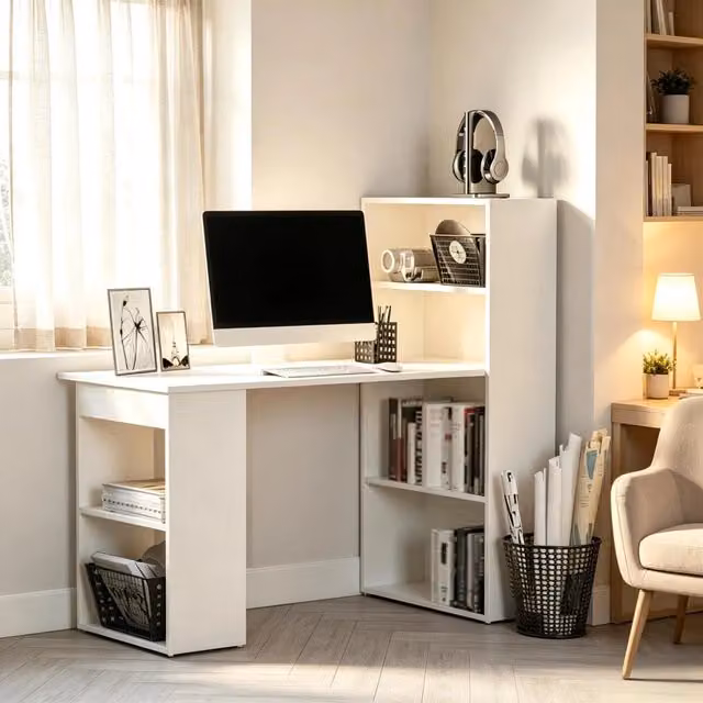 Scrivania da ufficio MIVRAY con libreria integrata bianca in MDF opaco L/P/H: 120 x 55 x 120 cm