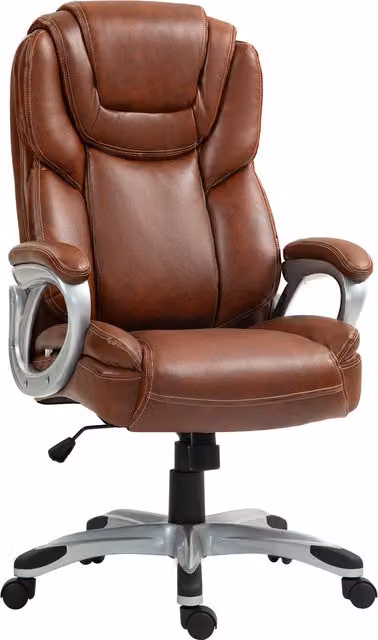 Sedia da ufficio HOMCOM marrone con funzione oscillante, rotazione a 360° e ruote, L: 66 cm, P: 75,5 cm, H: 115,5-124,5 cm