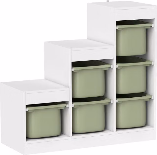 Scaffale Portagiochi AIYAPLAY a 3 Livelli con 6 Contenitori per Bambini, Verde e Bianco, L: 96 cm, P: 38.5 cm, H: 90 cm