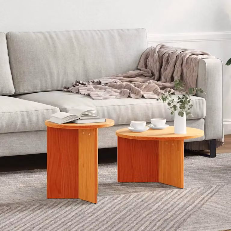 Set di 2 tavolini da salotto rotondi vidaXL in legno di pino marrone cerato, L/P/H: 49 x 49 x 28 cm
