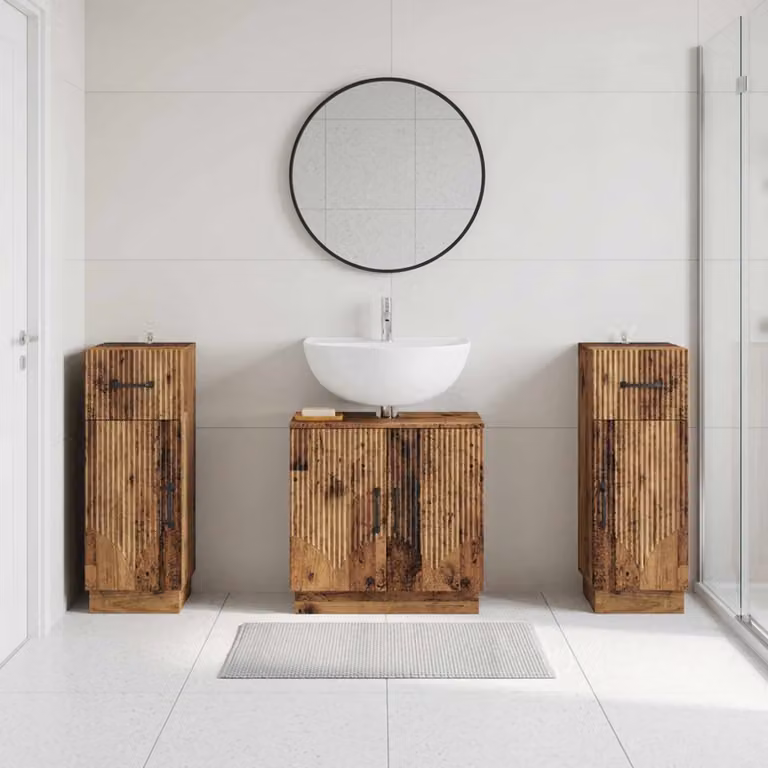Set di mobili da bagno vidaXL HOORN in 3 pezzi, design minimalista in legno color marrone antico
