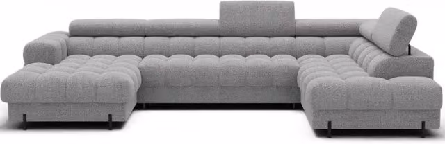 Divano panoramico a U FERARIA MEUBLORAMA Grigio con angolo destro, funzione letto, poggiatesta regolabile e coperture rimovibili L: 358 cm, P: 202 cm, H: 93 cm