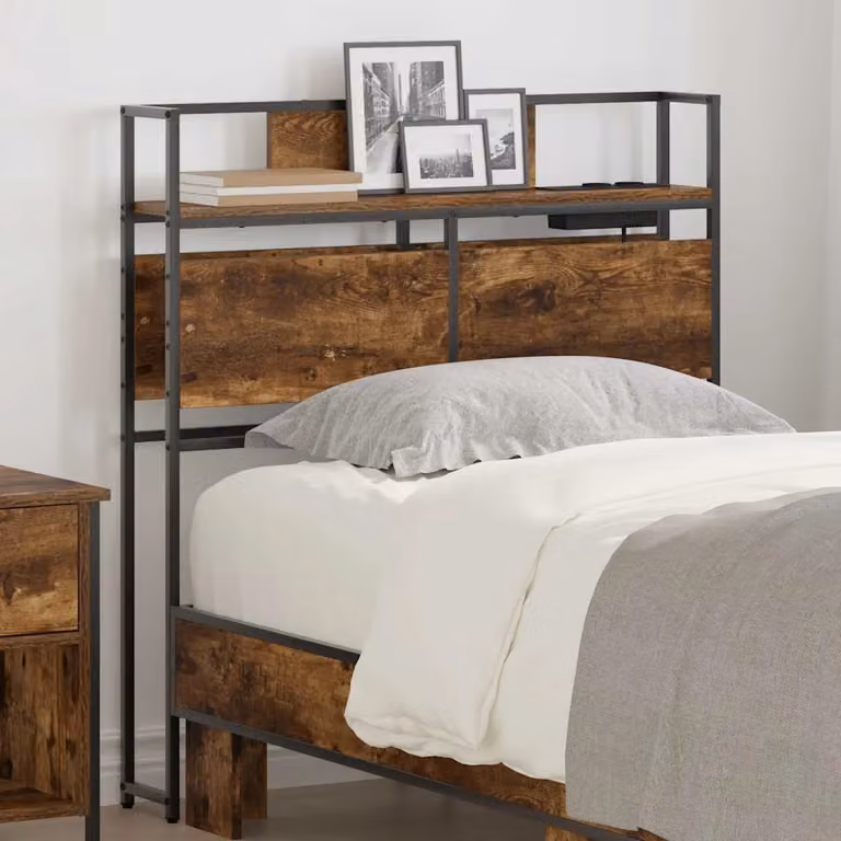 Testata del letto con contenitore vidaXL in legno ingegnerizzato e metallo, colore rovere fumo, con mensola integrata e porta di ricarica USB, L: 98 cm, H: 80 cm, P: 15 cm
