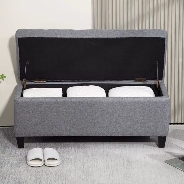 Panca Imbottita con Contenitore REDOM in Velluto Grigio L: 120 cm, P: 40 cm, H: 44 cm
