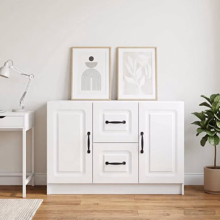 Credenza moderna vidaXL in bianco lucido con finitura in MDF e metallo L/P/H: 89 x 34,5 x 57 cm
