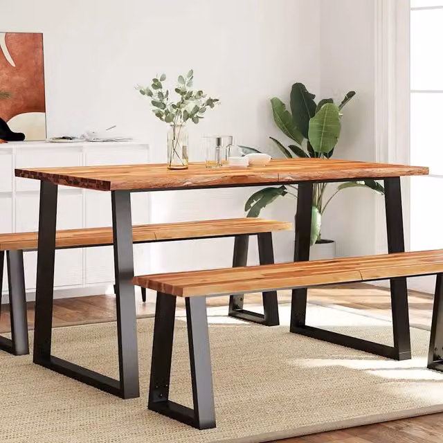 Tavolo da Pranzo Rettangolare in Legno di Acacia e Metallo con Bordi Vivi Marrone vidaXL L: 80 cm, P: 140 cm, H: 75 cm