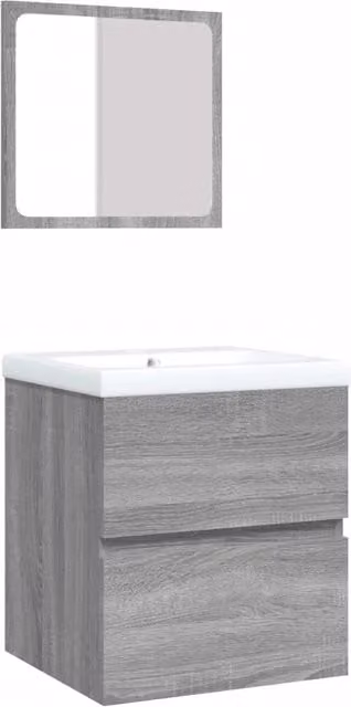 Mobile lavabo moderno con lavabo e specchio grigio Sonoma e bianco, sospeso, con cassetti e ante