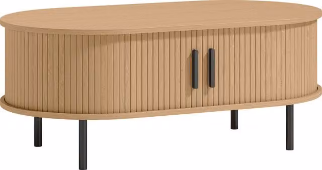 Tavolino ovale HOMCOM in legno naturale con ante scorrevoli e vano nascosto, stile mid-century, L: 100 cm, P: 55 cm, H: 40 cm