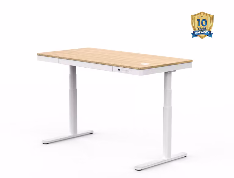 Scrivania regolabile in altezza FlexiSpot con piano in bambù e struttura bianca per home office