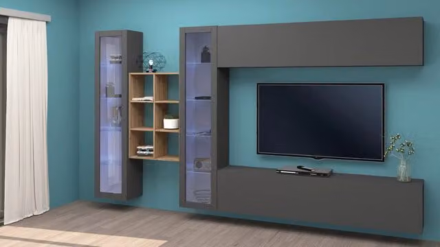Parete attrezzata sospesa Kary RT Shopinnotivo antracite e legno rovere con mobile TV, pensili e vetrine