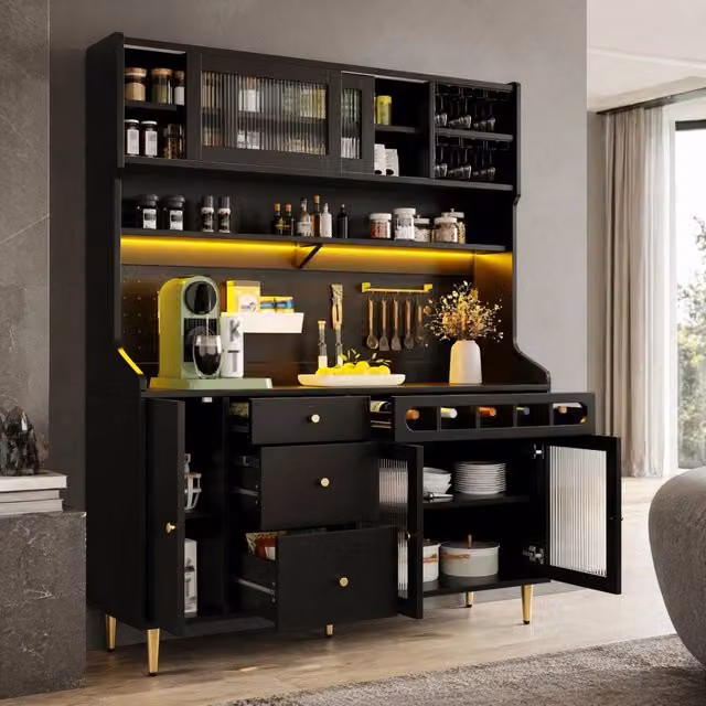 Mobile colonna da cucina Mivray nero con ante in vetro, illuminazione LED integrata e portabottiglie, L/P/H: 145 x 39 x 171 cm