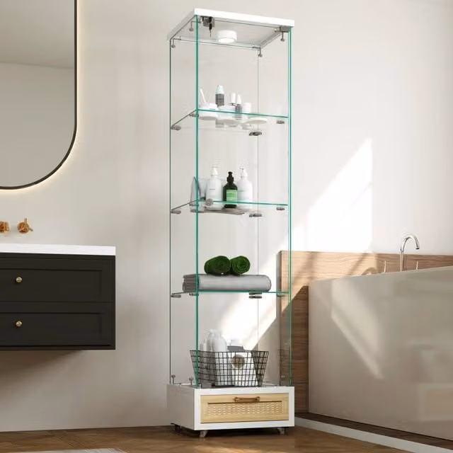 Vetrina Mivray moderna in MDF e vetro bianco con anta in vetro, illuminazione LED integrata, 4 ripiani e ruote con freno, L/P/H: 42.2 x 36.5 x 167 cm