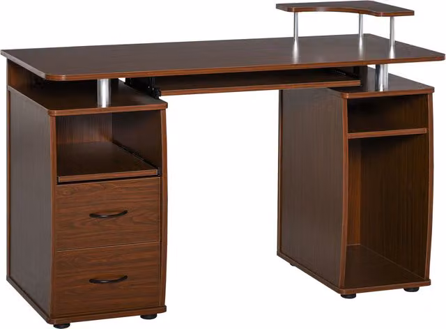 Scrivania Moderna HOMCOM in Legno Marrone con Cassetti, Mensola Estraibile e Porta Tastiera, L 120 x P 55 x H 85 cm