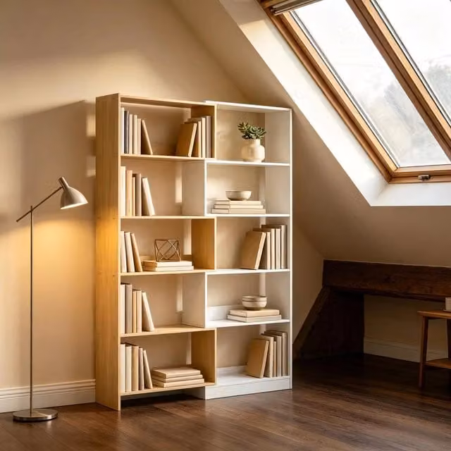 Libreria angolare moderna REDOM in truciolato e MDF, colore bianco e beige, L 111,5 x P 23,8 x H 163,7 cm