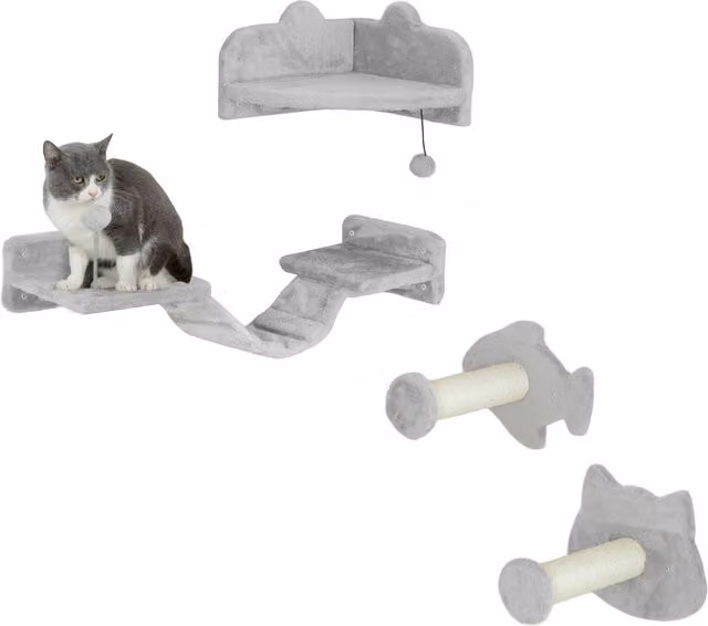 PawHut Gioco da Parete per Gatti con Pale in Sisal Sostituibile, Doppia Piattaforma, Scala e Piattaforma per Saltare, Grigio
