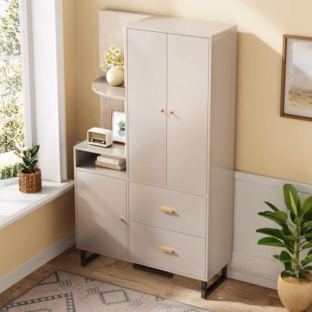 Armadio da ingresso moderno in MDF beige e grigio con ante a battente, cassetti, appendiabiti e ripiani, L: 110 cm, P: 38 cm, H: 186 cm