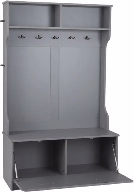 Mobile da ingresso moderno HELLOSHOP26 in legno grigio con panca e 5 doppi ganci L/P/H: 100 x 40 x 160 cm