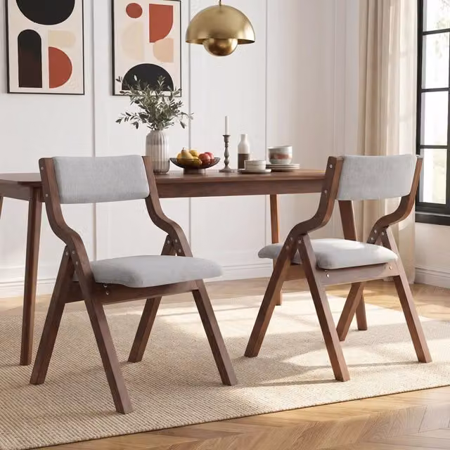 Set di 2 sedie da pranzo pieghevoli WISHDOR in legno massiccio con rivestimento in lino grigio e seduta imbottita