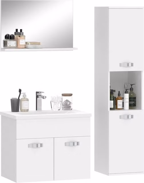 Set Bagno Zephmum 4 Pezzi Bianco Lucido con Mobile Sottolavabo, Colonna, Specchio e Pensile