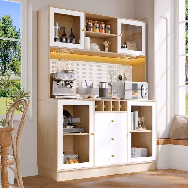 Mobile colonna da cucina Mivray bianco con LED integrati, portabottiglie e ripiani regolabili, L 140 cm x P 40 cm x H 185.7 cm