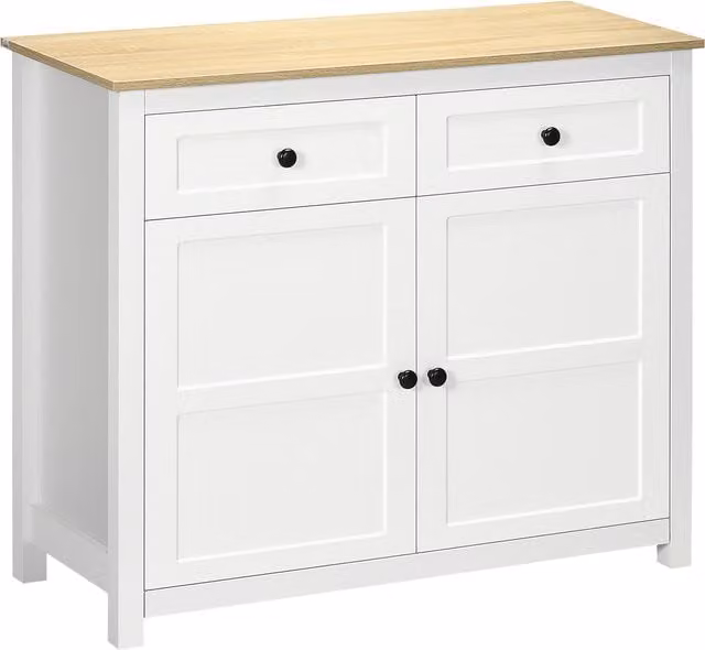 Credenza mobile da stoccaggio HOMCOM con 2 porte, 2 cassetti e mensola regolabile, bianco e effetto legno, L 100 x P 40 x H 85 cm