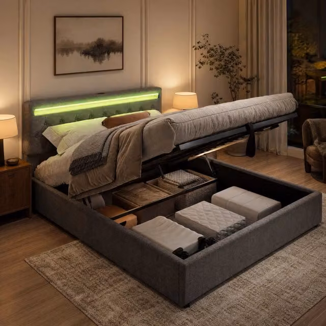 Letto contenitore Mivray imbottito in tessuto grigio con sollevamento idraulico, illuminazione LED e porte di ricarica USB, L/P: 160 x 200 cm