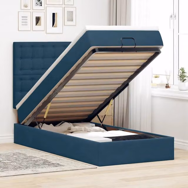Letto con contenitore a sollevamento vidaXL in velluto blu con illuminazione sottostante e porta USB L 203 cm x P 140 cm x H 90 cm