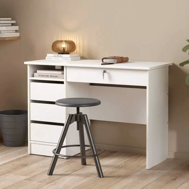 Scrivania Franklin DMORA per ufficio e casa, Tavolo porta PC moderno con cassettiera, Bianco opaco, L: 109 cm, P: 49 cm, H: 76 cm