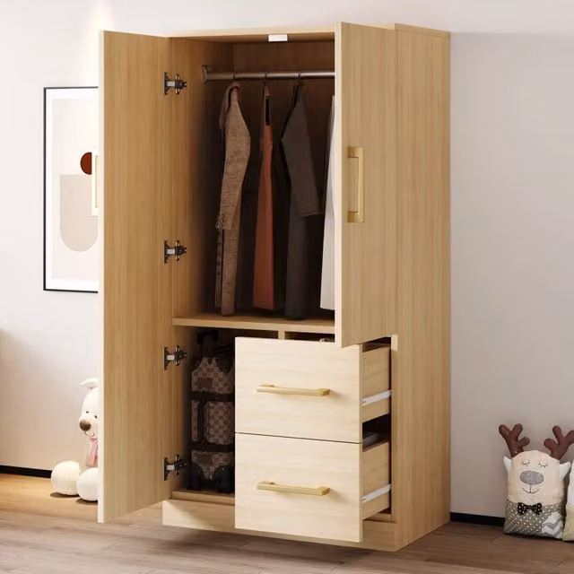 Armadio guardaroba in legno di pino per cameretta con due ante, cassetti integrati e appendiabiti, colore marrone e beige, L: 70 cm, P: 40 cm, H: 135 cm