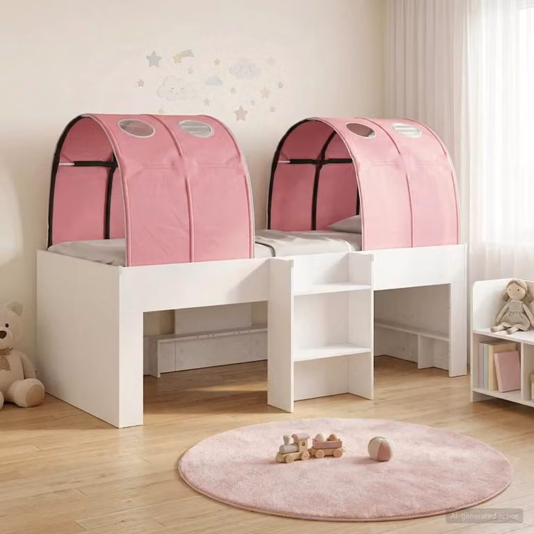 vidaXL Letto Alto per Bambini con Struttura a Casetta, Scala e Scompartimenti Laterali, Bianco e Rosa, L/P/H: 203 x 120 x 111 cm