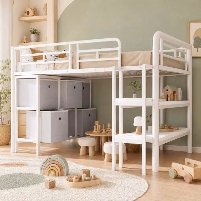 Letto a soppalco basso MIVRAY per bambini con scala a gradini, cassetti e ripiani laterali, struttura in metallo e MDF, colore bianco, L/P/H: 207 x 90 x 150 cm