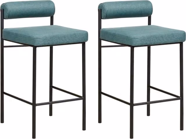 Set di 2 sedie da bar BELIANI con rivestimento in poliestere verde acqua e gambe in metallo nero, sgabelli moderni con schienale arrotolato per cucina e sala da pranzo