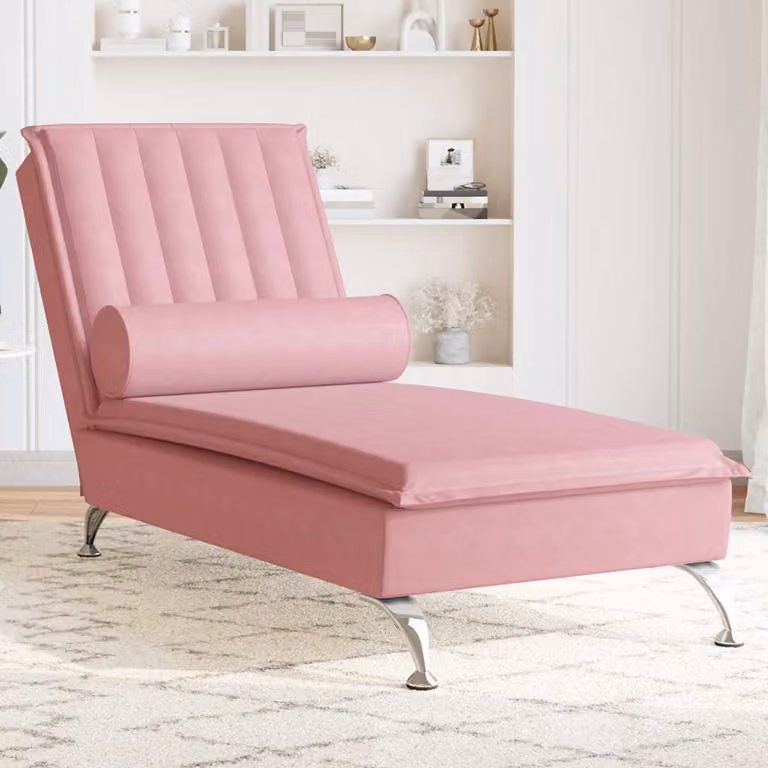 vidaXL Chaise Longue da Massaggio in Velluto Rosso con Cuscino a Rullo e Ricarica USB L: 137,0 cm, P: 56,0 cm, H: 75,0 cm