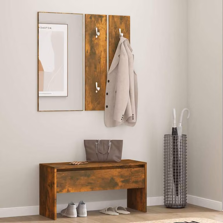 Set di mobili da corridoio moderno vidaXL in legno e plastica, colore rovere fumo marrone, composto da panca, specchio, pannello e appendiabiti con ganci distribuiti