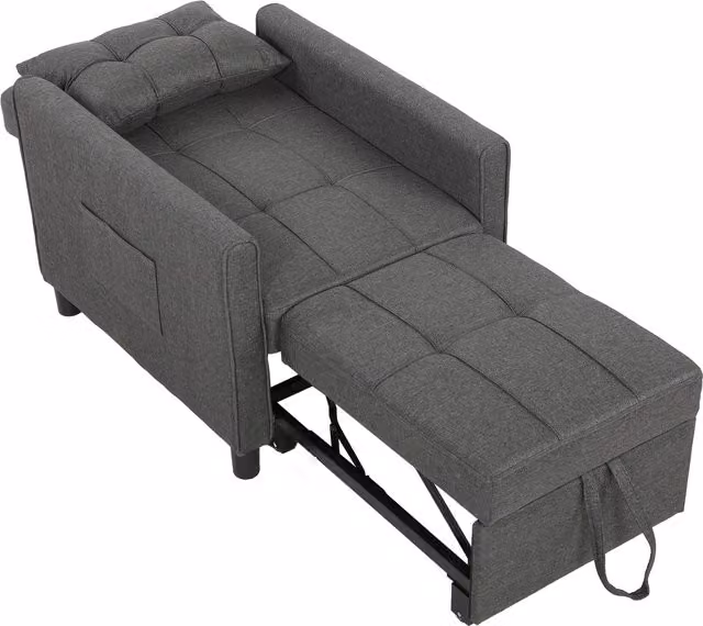 Poltrona Letto Singolo 3 in 1 HOMCOM in Tessuto Effetto Lino e Legno con Schienale Reclinabile, Cuscino e Tasche, Grigio