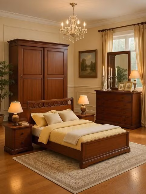 Camera da letto completa in legno di pino e pioppo stile rustico Mobili 2G colore marrone con letto, armadio, cassettiera, specchio e comodino