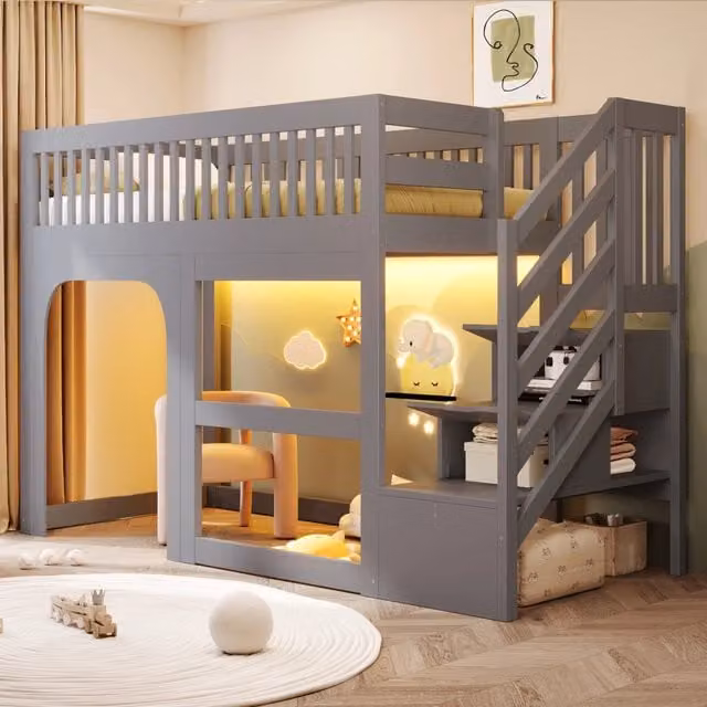 Letto Soppalco Basso REDOM per Bambini in Legno e MDF Grigio con Scala Contenitore e Compartimenti Laterali L/P/H: 253.5 x 90 x 200 cm