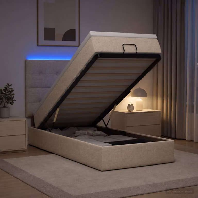 Letto Ottomano con Materasso e Illuminazione LED vidaXL, Colore Beige e Bianco, L/P/H: 203 x 140 x 100 cm