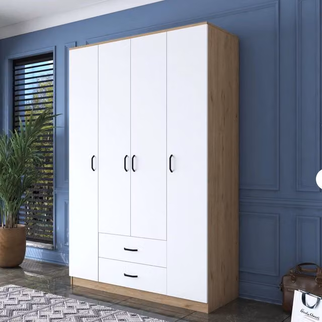 Armadio da camera da letto DMORA con ante scorrevoli e ripiani interni, Bianco e Marrone, L: 140 cm, H: 210 cm