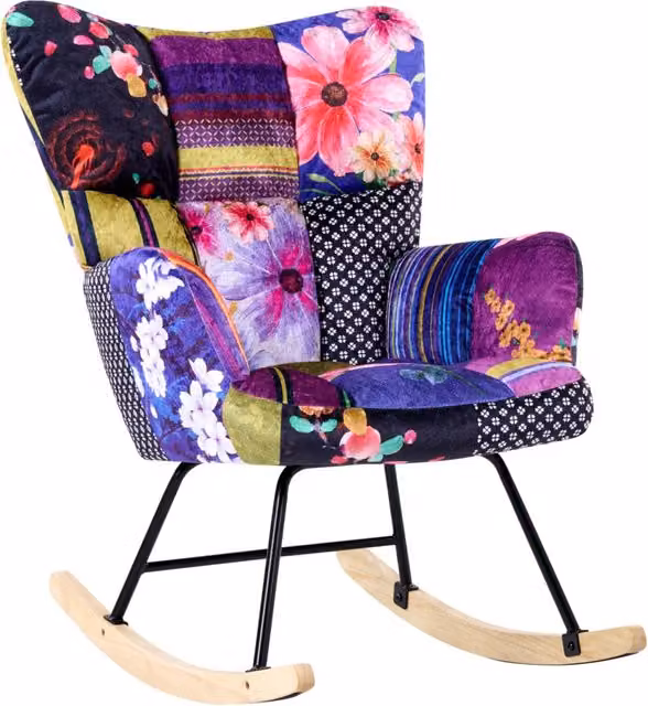Sedia a dondolo BELIANI con rivestimento in velluto multicolore e gambe in legno di gomma con braccioli e design retro abstract