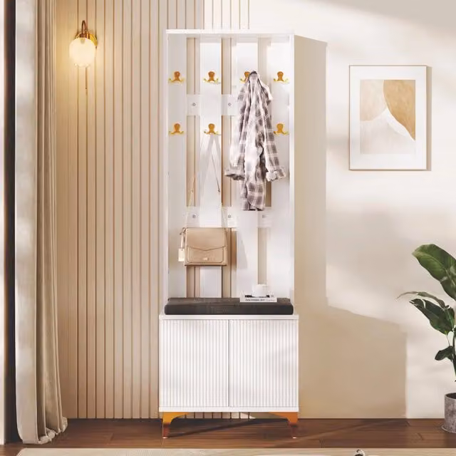 Set Ingresso Minimal con Panca, Cuscino e Appendiabiti con Ganci Bianco