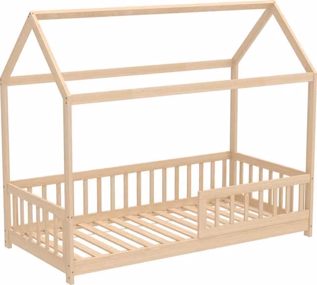 Struttura Letto per Bambini a Forma di Casetta HOMCOM in Legno di Pino, Colore Legno Naturale con Doghe e Recinzione