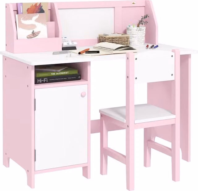 Set Scrivania per Bambini Zephmum con Sedia e Ripiani, Colore Rosa, L 90 cm x P 45 cm x H 85 cm