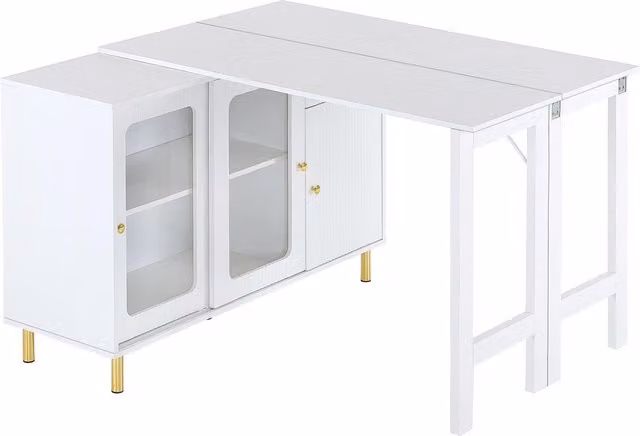 Buffet sideboard moderno TG Electrical DE con piano ribaltabile e superficie girevole, ante scorrevoli in vetro, gambe in metallo dorato, Bianco, L: 116 cm, P: 40 cm, H: 78,5 cm