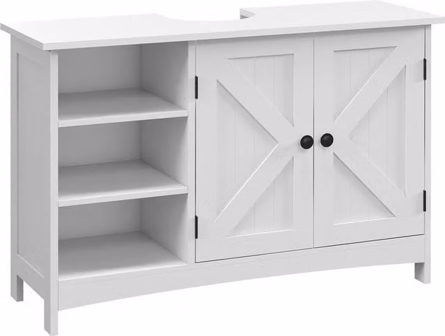 Mobile Sotto Lavabo da Bagno kleankin in Legno Bianco con 2 Ante e 3 Ripiani Aperti L: 90 cm, P: 30 cm, H: 60 cm