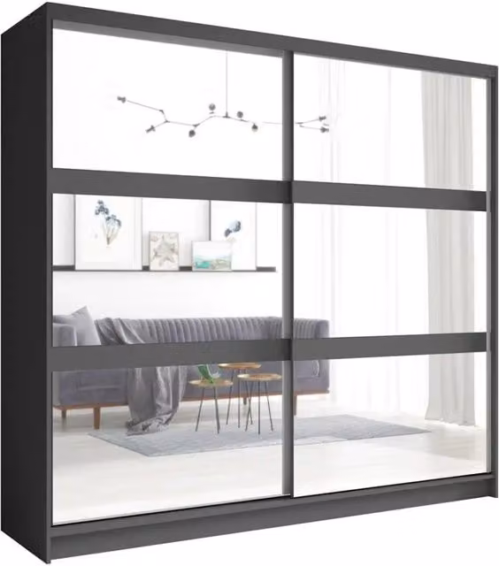 Armadio moderno Meublorama con 2 ante scorrevoli e specchio, grigio, L: 230 cm, H: 223 cm, P: 62 cm