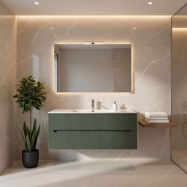 Composizione mobile bagno sospeso con cassetti e specchio mod. STICK Taco Verde Bosco L: 120 cm, P: 45 cm, H: 46 cm